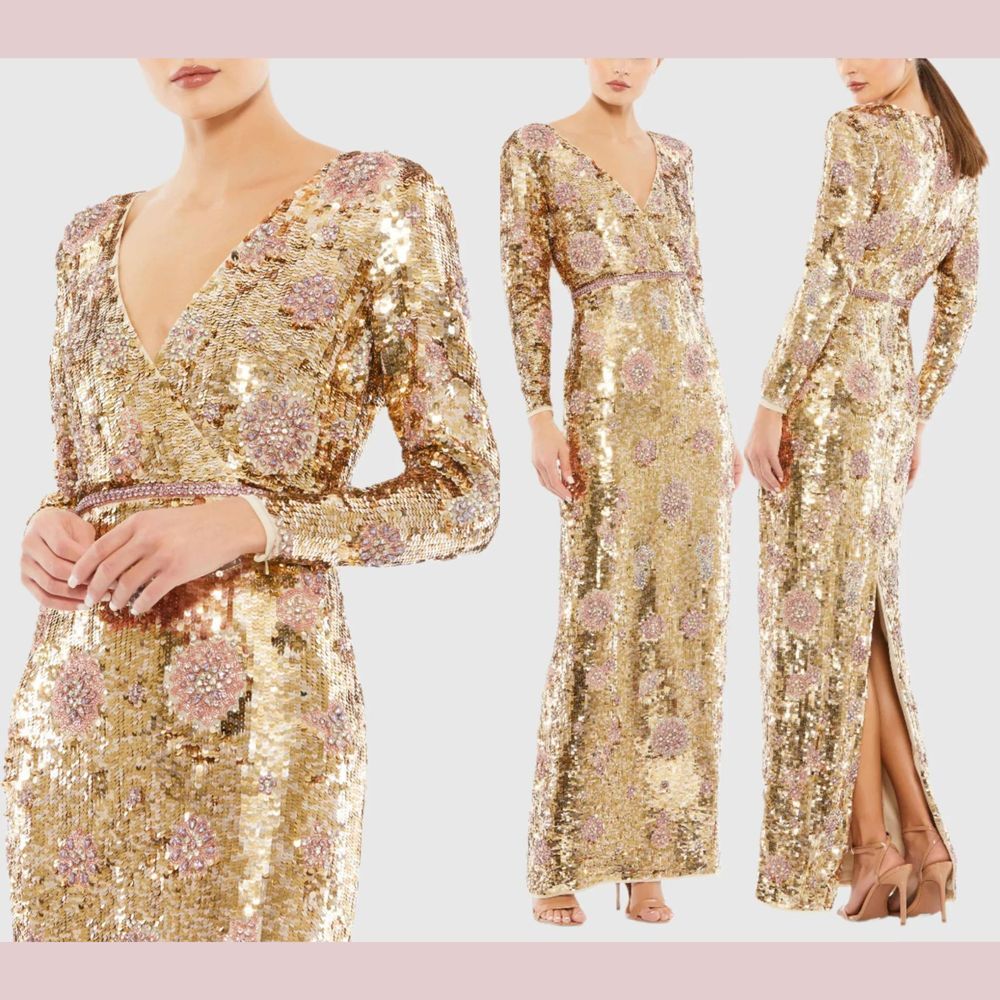 NWT Mac Duggal [ 16 ] 93615 Embellished‎ Wrap Over Long Sleeve Column Gown Gold